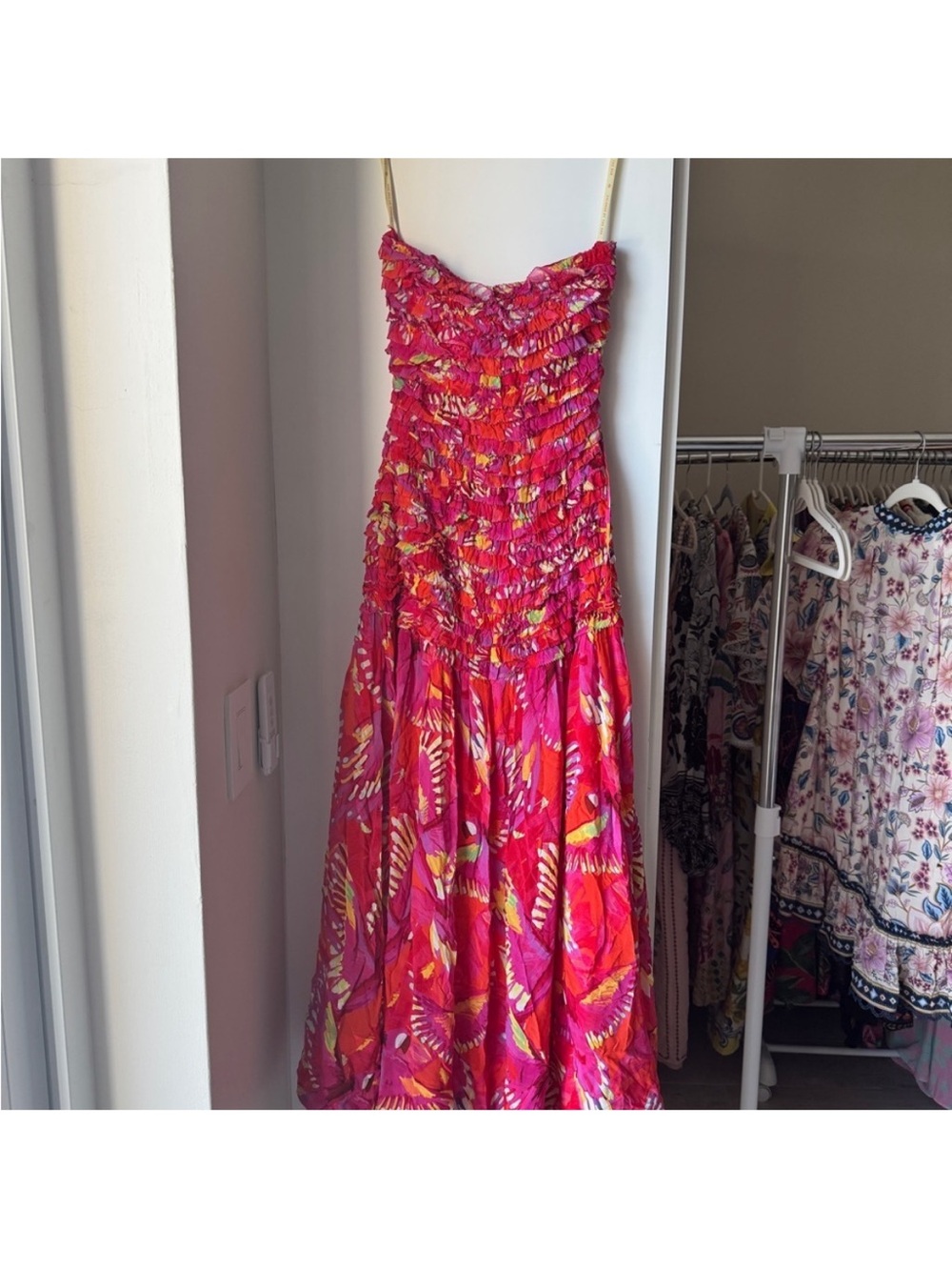 Farm Rio - NWT- Orange Flying Birds Strapless Smocked Maxi Dress - Picture 11 of 15